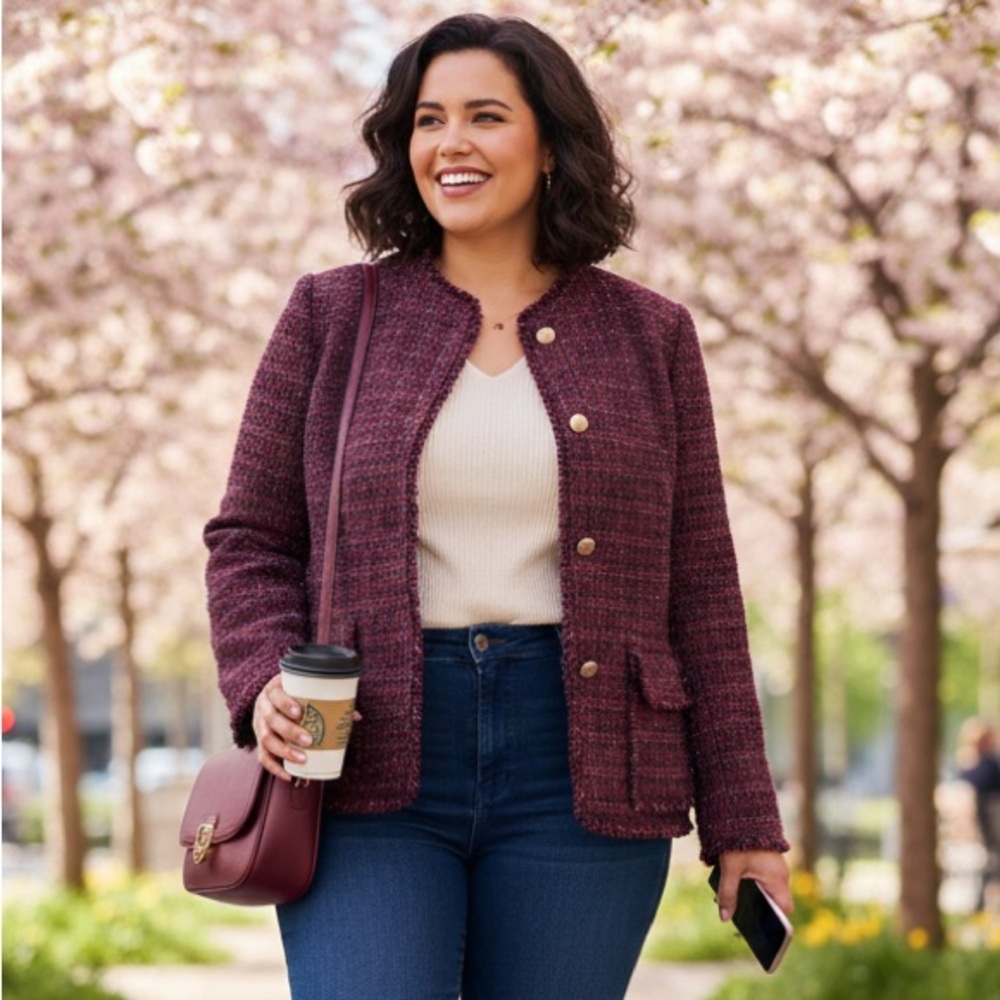 Talbots Burgundy Tweed Blazer Gold Buttons NWT
